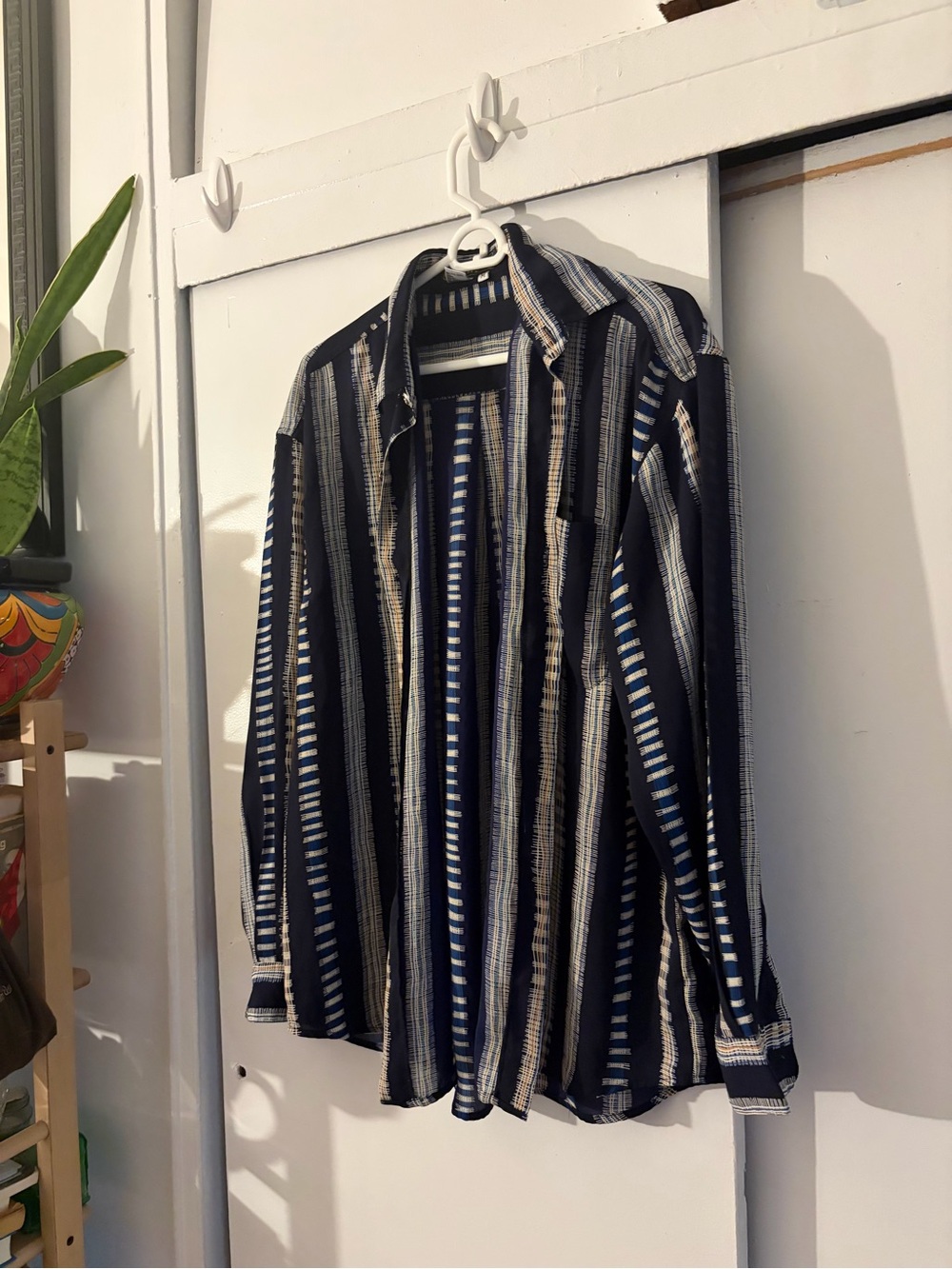 Men's Navy & White Striped Casual Button-Up Shirt Jacket